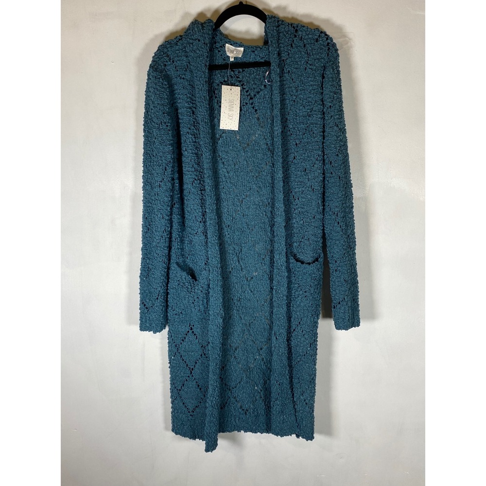 Open Knit Hooded Duster Cardigan Long Sleeve Pockets Boho Cozy Teal M NWT‎